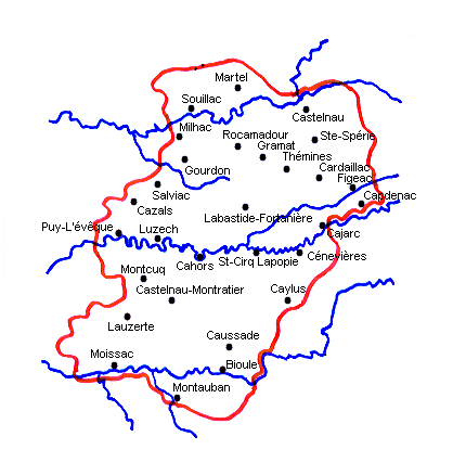 Carte du Quercy mdival (villes)